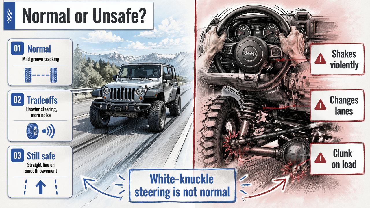 Annotated safety diagram distinguishing normal Jeep lift tracking from unsafe wandering symptoms.