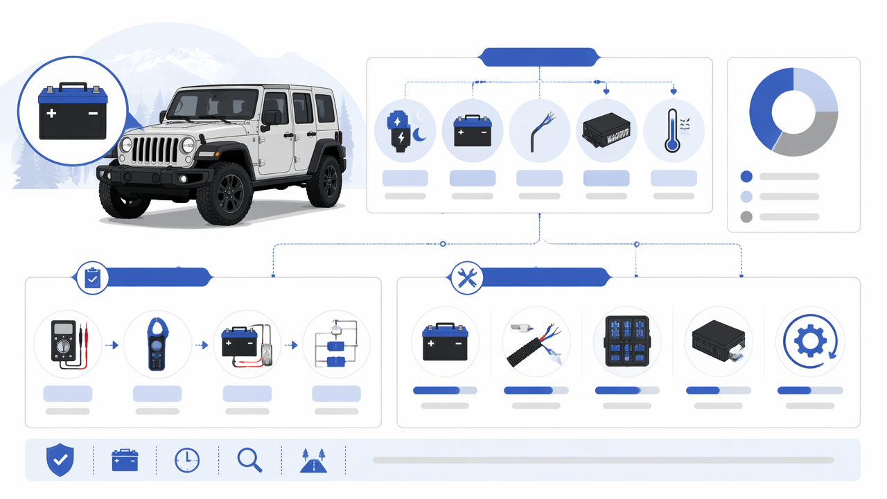 Infographic summarizing key insights about Jeep Wrangler Aux Battery Keeps Dying? Causes, Tests, and Fixes