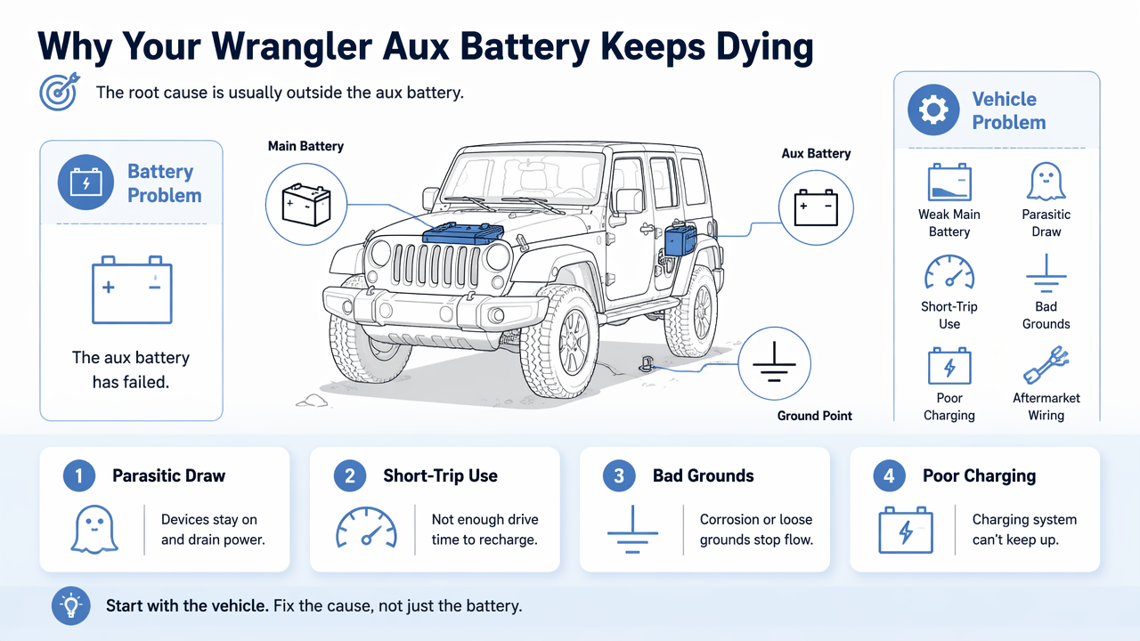Illustration for Why does a Jeep Wrangler aux battery keep dying?