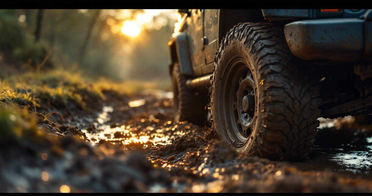 4x4 moving smoothly through muddy ruts with careful steering and controlled momentum