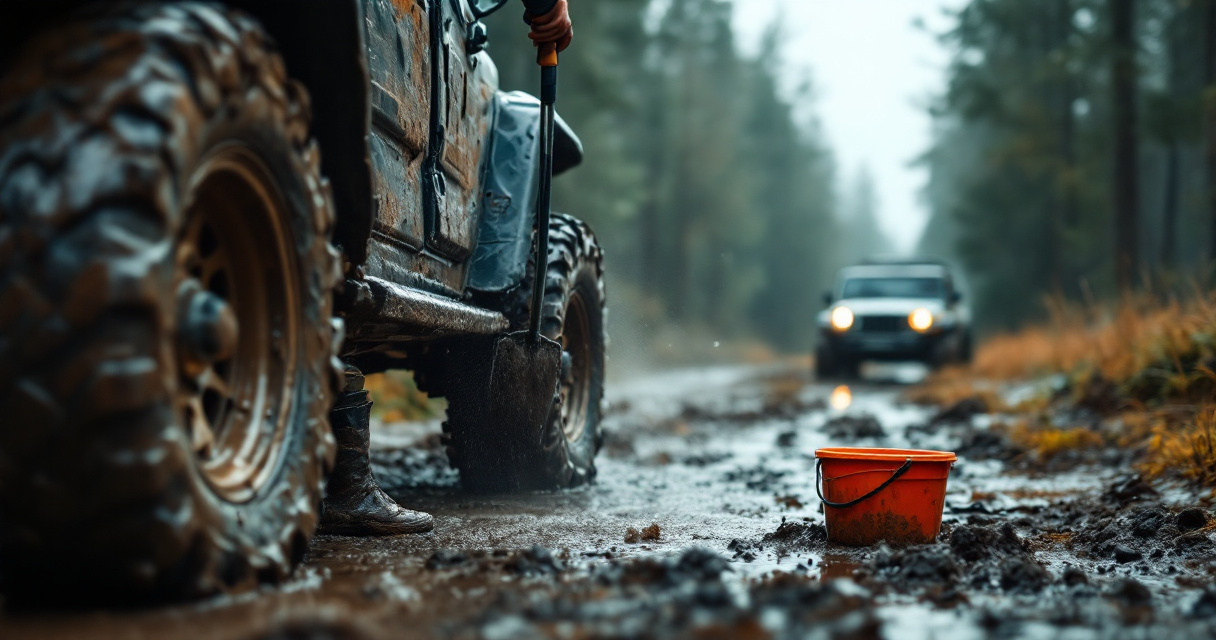 Cleaning mud from off-road vehicle and trail area after a muddy section