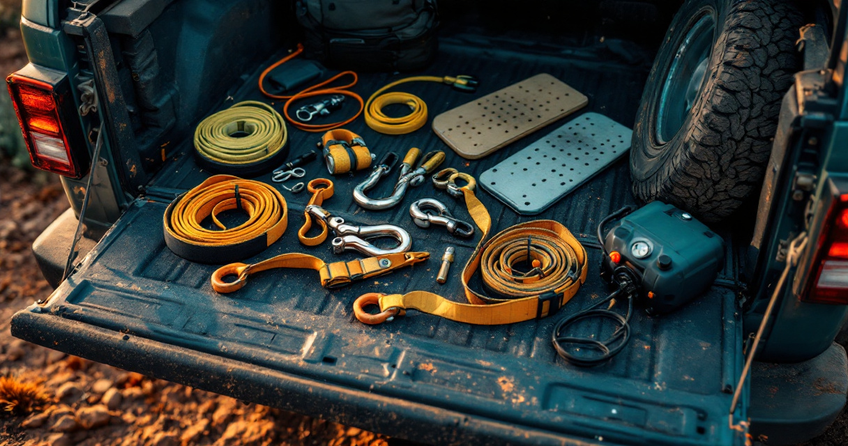 Beginner recovery gear organized on a tailgate before an off-road trip