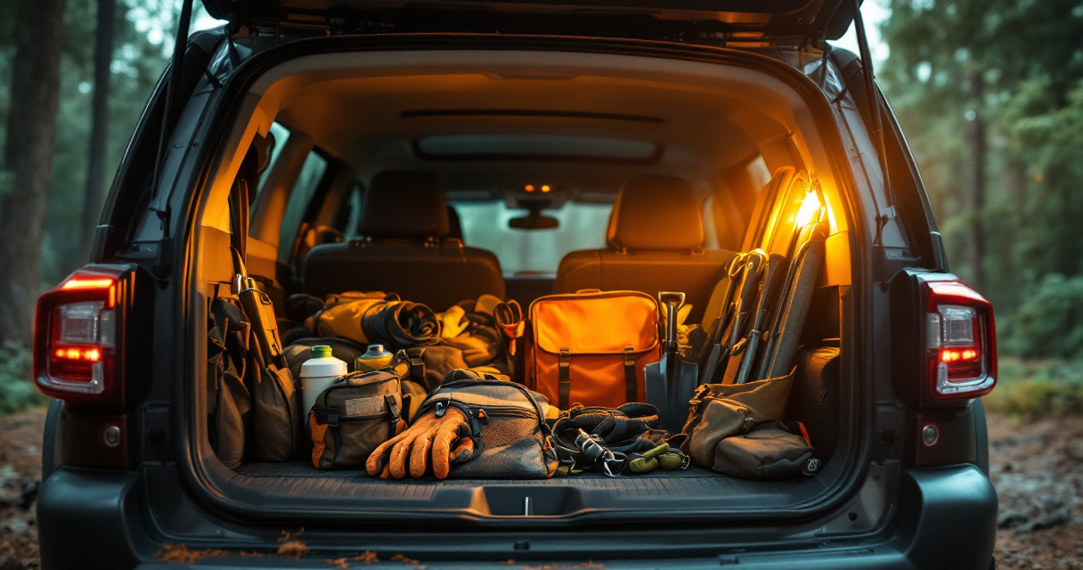 Compact off-road recovery kit packed efficiently in an SUV cargo area