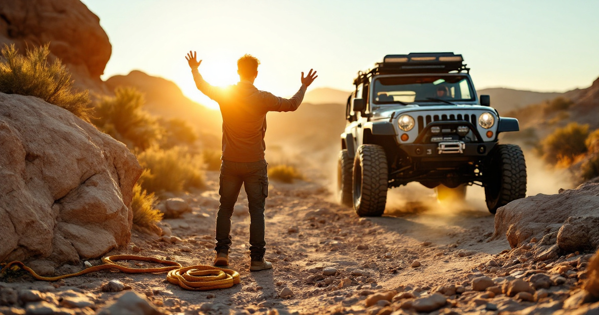 Beginner spotter demonstrating core off-road hand signals in front of a 4x4 on rocky trail