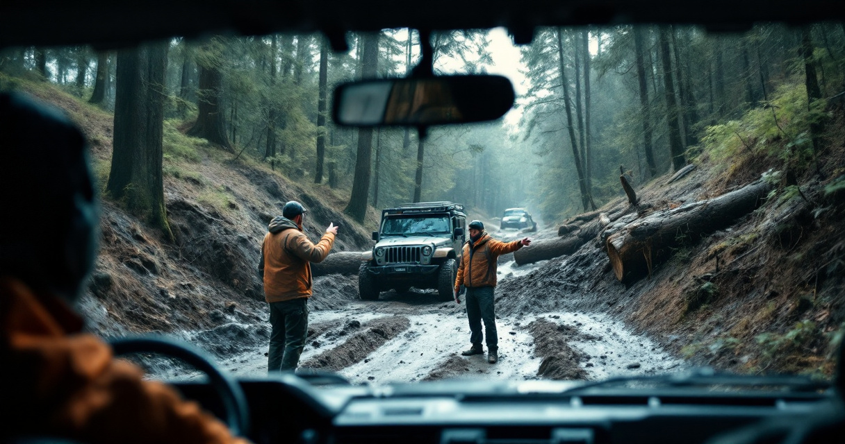 Conflicting off-road spotter signals causing confusion beside a muddy forest obstacle
