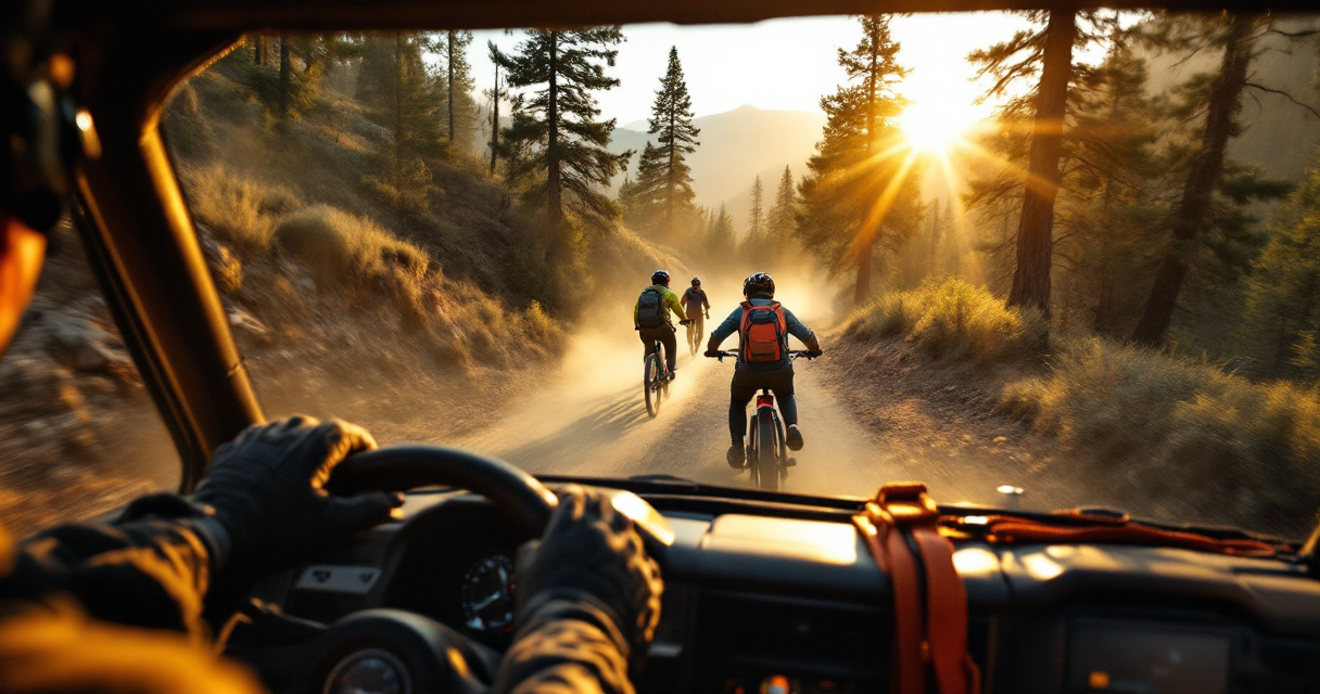 Side-by-side yielding to hikers and a cyclist on a narrow shared-use mountain trail