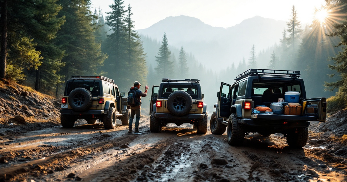 Organized off-road group preparing gear and spacing before entering a forest trail