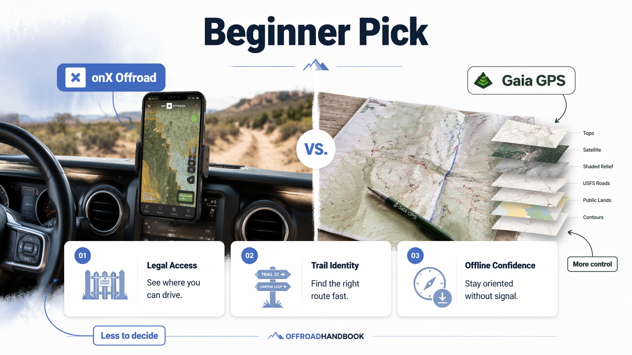 Beginner off-road app comparison showing onX simplicity versus Gaia control.
