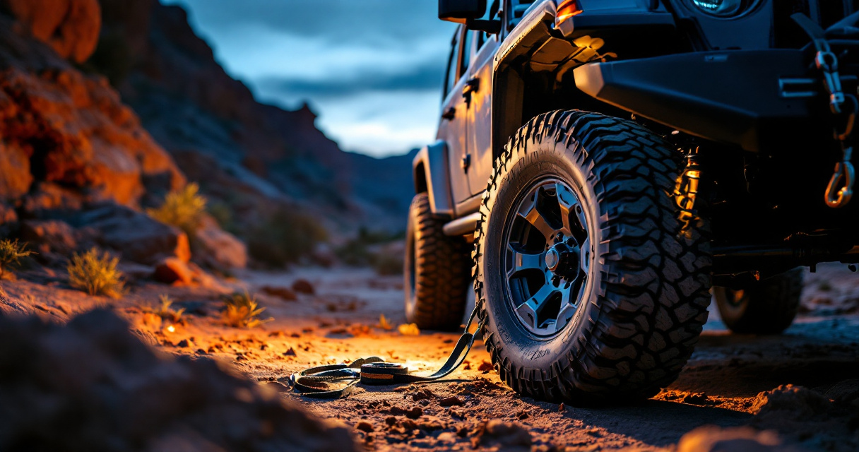 Pre-trail safety check on a rock crawler at a desert trailhead
