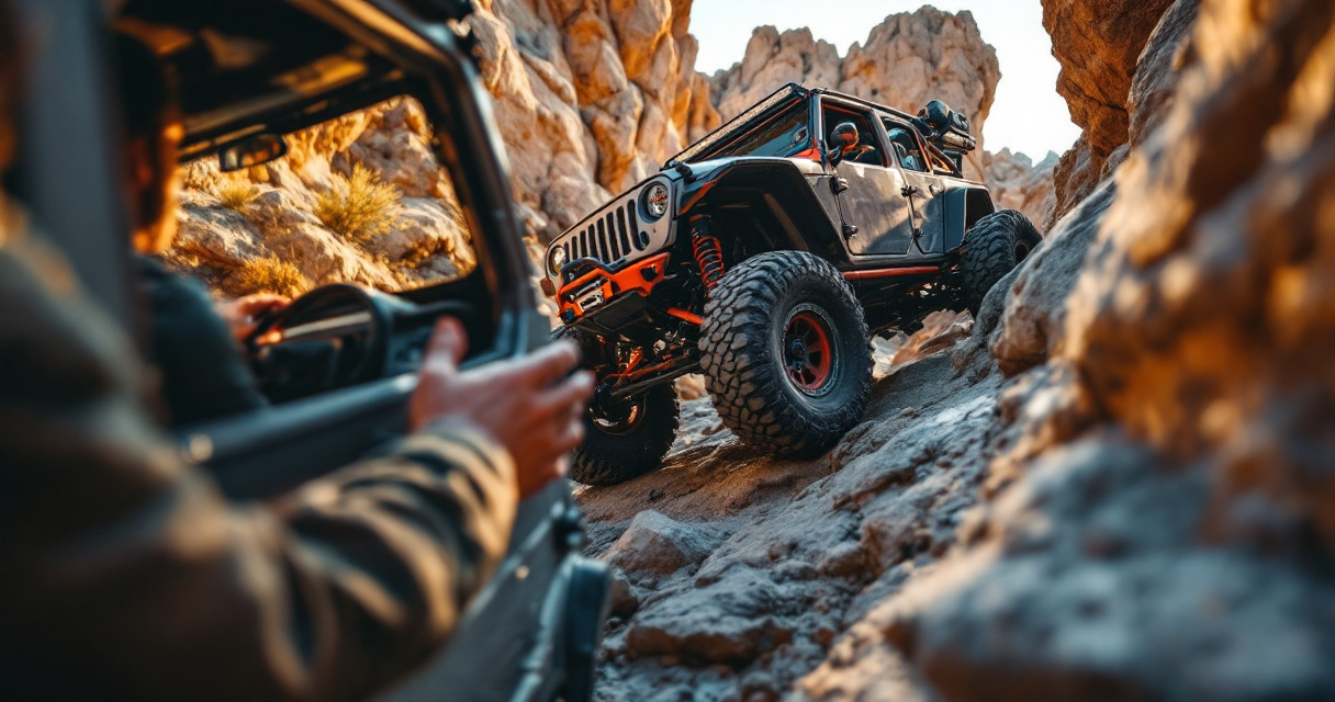 Beginner rock crawling technique with careful throttle, braking, and spotter guidance