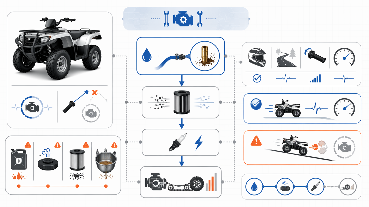 Infographic showing a used ATV diagnosis flow for stalling on throttle, with fuel, air, spark, and load checks plus a buyer test ride checklist.