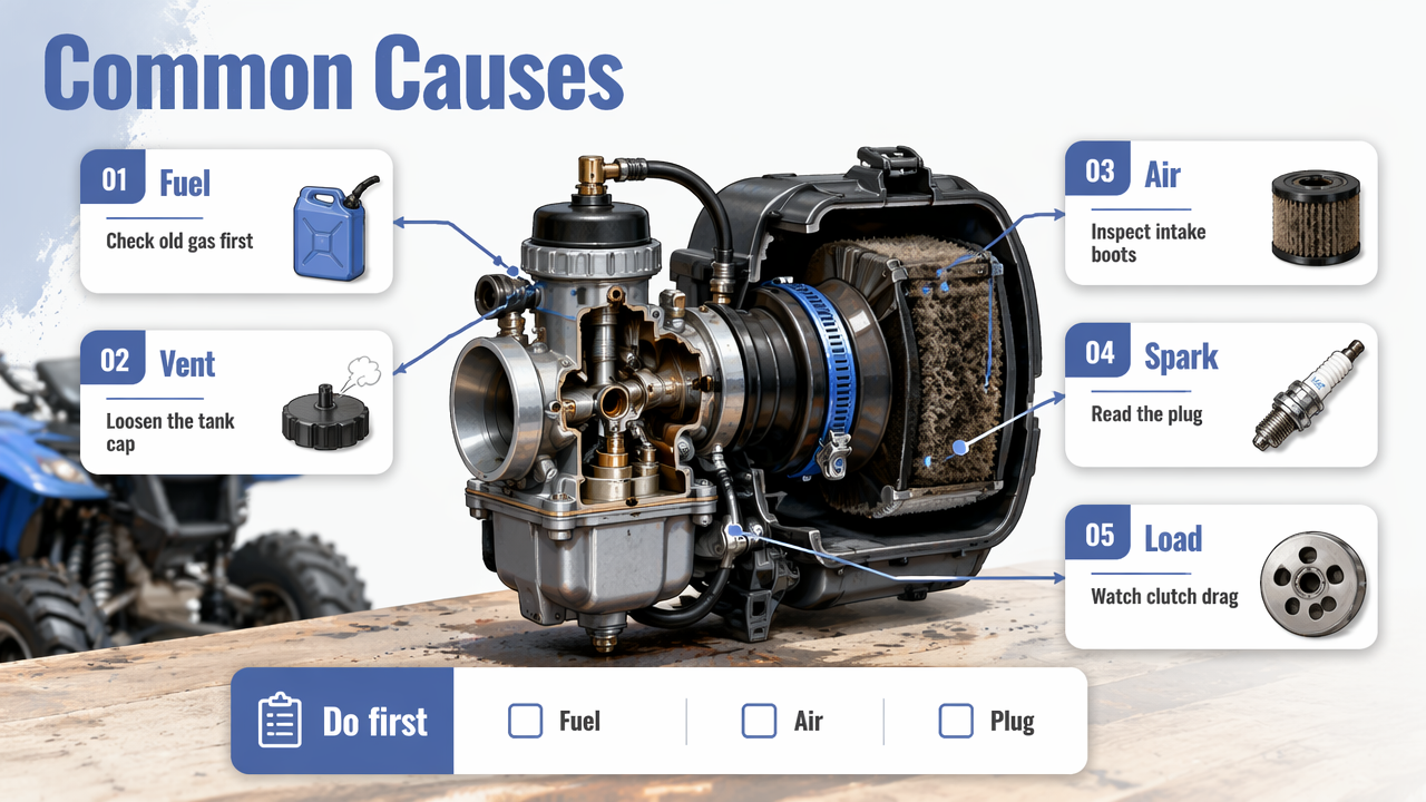 Annotated ATV troubleshooting diagram showing common causes like fuel, air, spark, and clutch load.