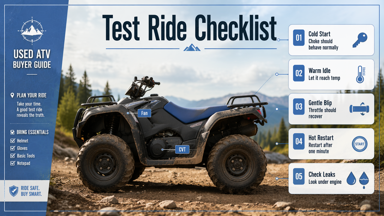 Used ATV test ride checklist with cold start, warm idle, throttle blip, hot restart, and leak checks.