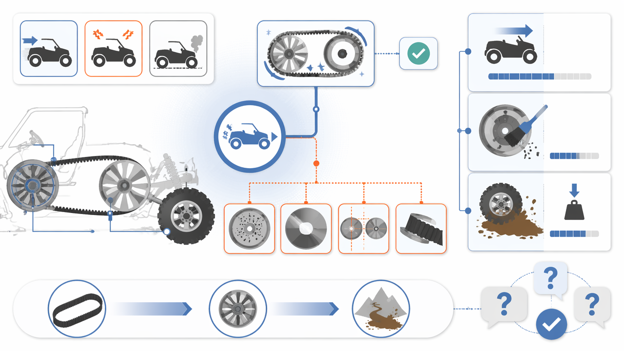 Infographic showing a UTV belt-change jerky takeoff troubleshooting flow, comparing belt break-in and install issues with clutch dirt, glazing, alignment, and load causes.