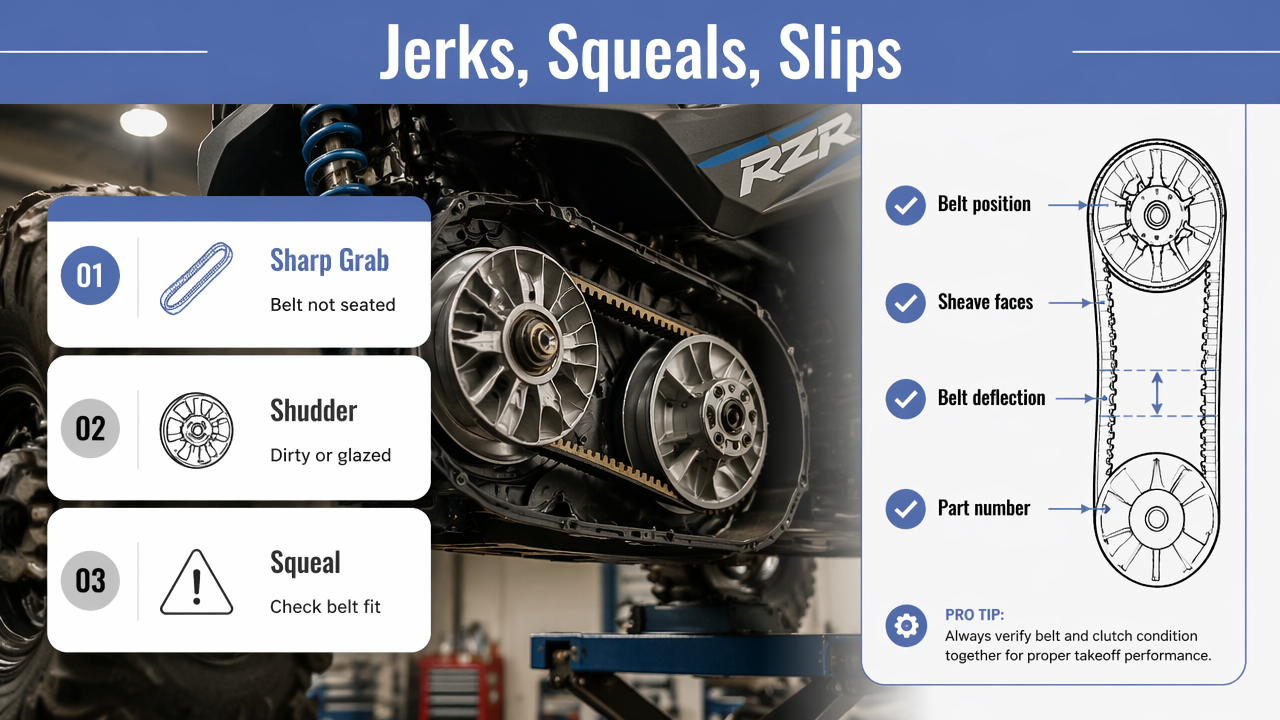 Infographic table linking UTV jerks, shudder, and squeal to likely belt and clutch causes.