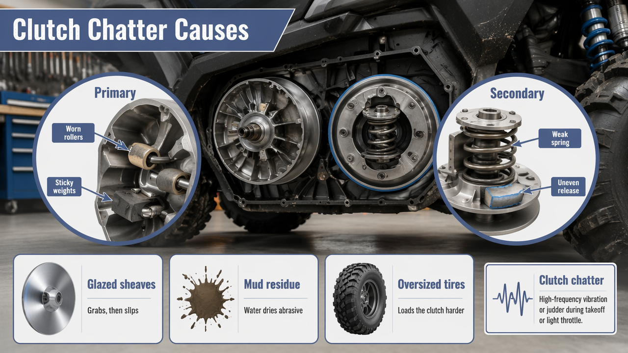 Annotated clutch diagram showing worn rollers, weak springs, glazed sheaves, mud residue, and oversized tires.