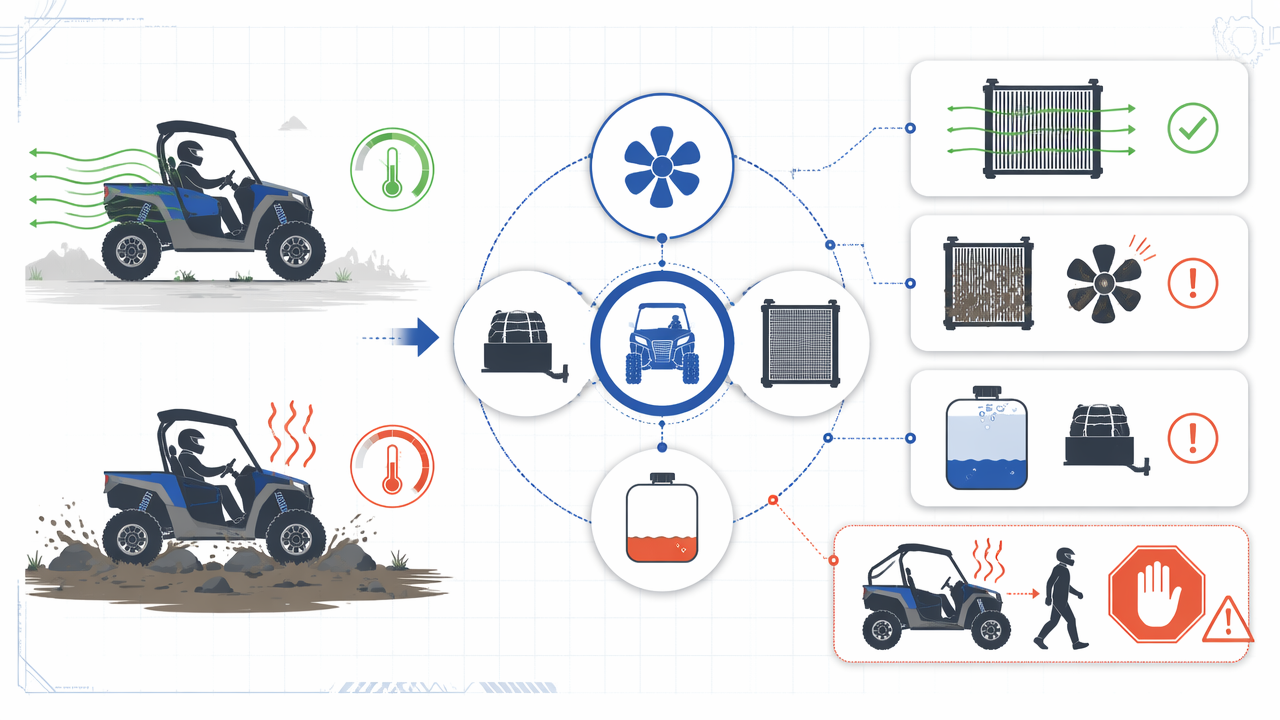 Infographic showing why a UTV may overheat only at low speed, comparing fast cooling versus crawling heat, and highlighting fan, radiator, coolant, and load checks.