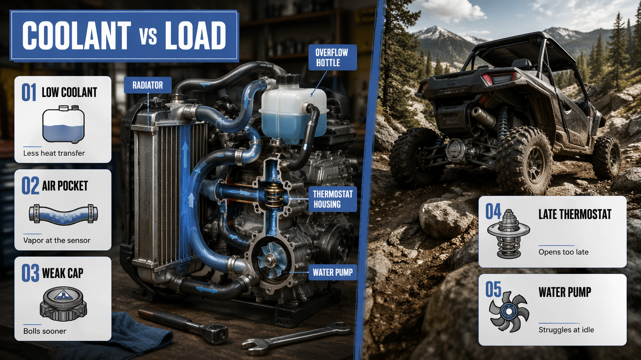 Annotated UTV cooling-system diagram showing coolant, air pocket, cap, thermostat, and water pump issues.