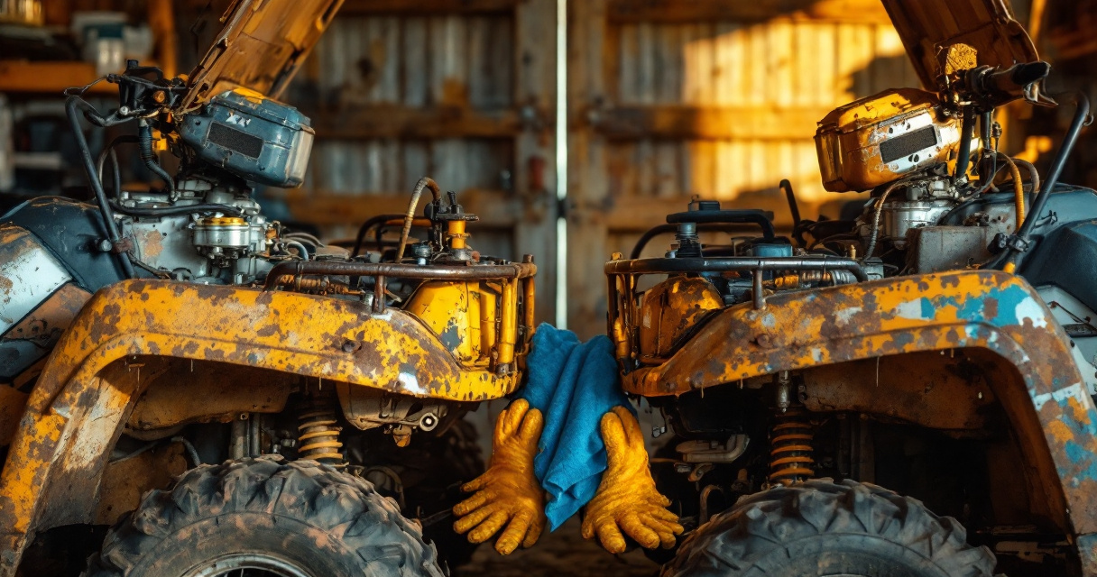 Two used Yamaha Rhino 660 UTVs compared in a farm workshop inspection