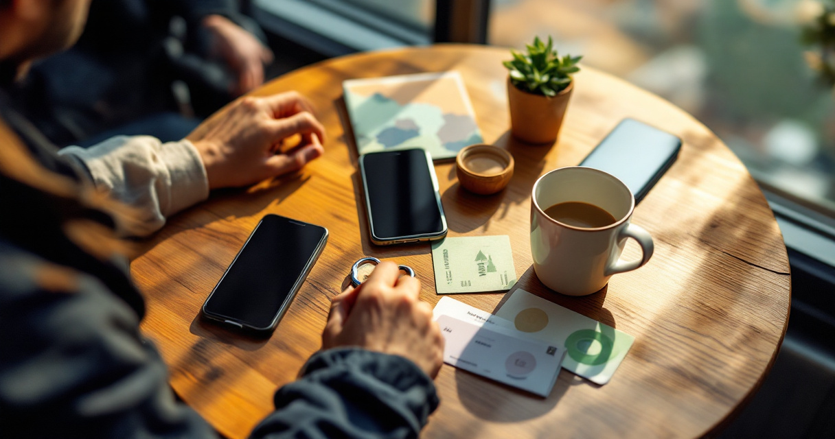 Over-the-shoulder café scene comparing dating app choices by lifestyle and relationship style