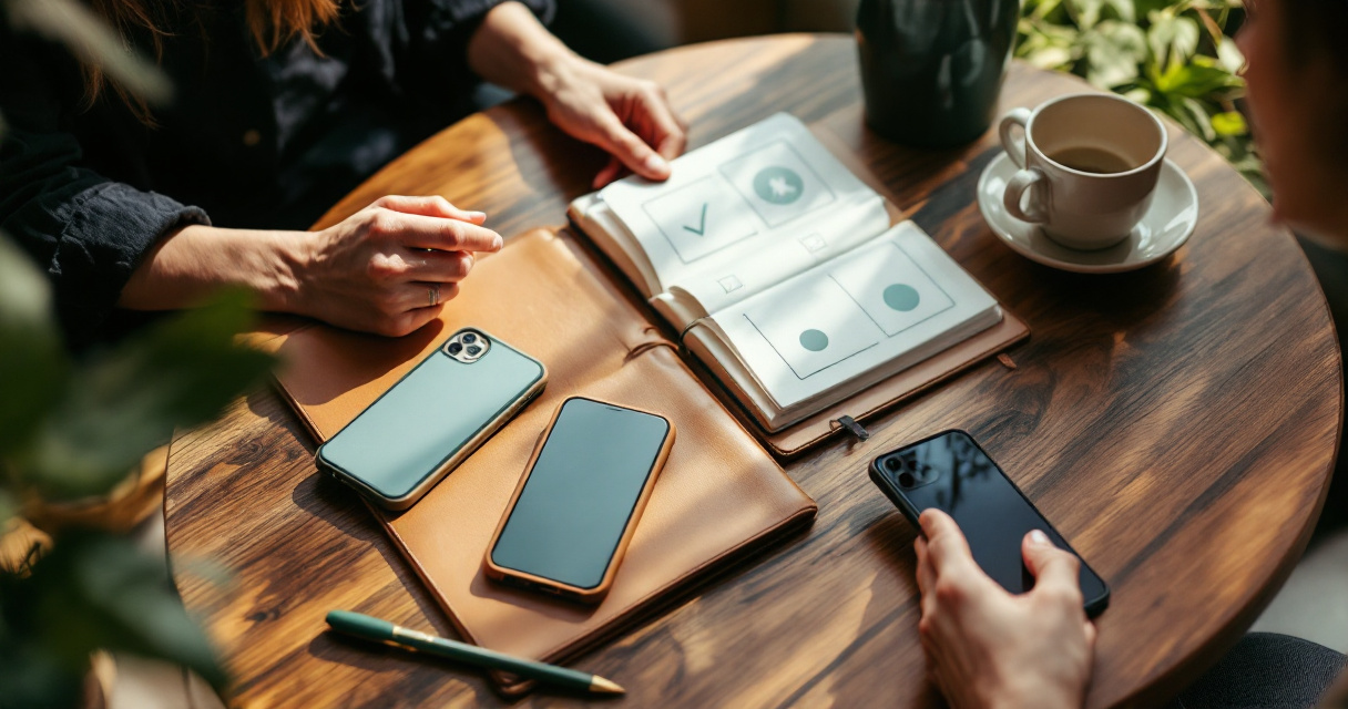Friends comparing dating app authenticity features over phones and a green notebook