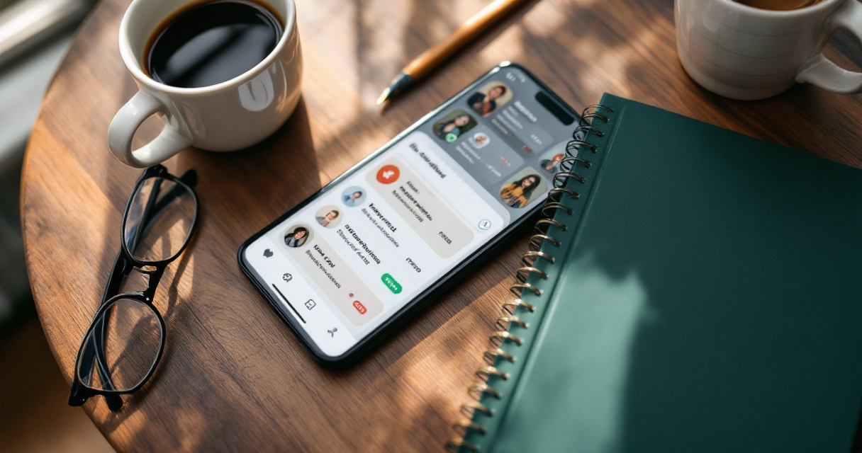 Top-down dating app comparison scene with trust indicators and friend-backed profile cues