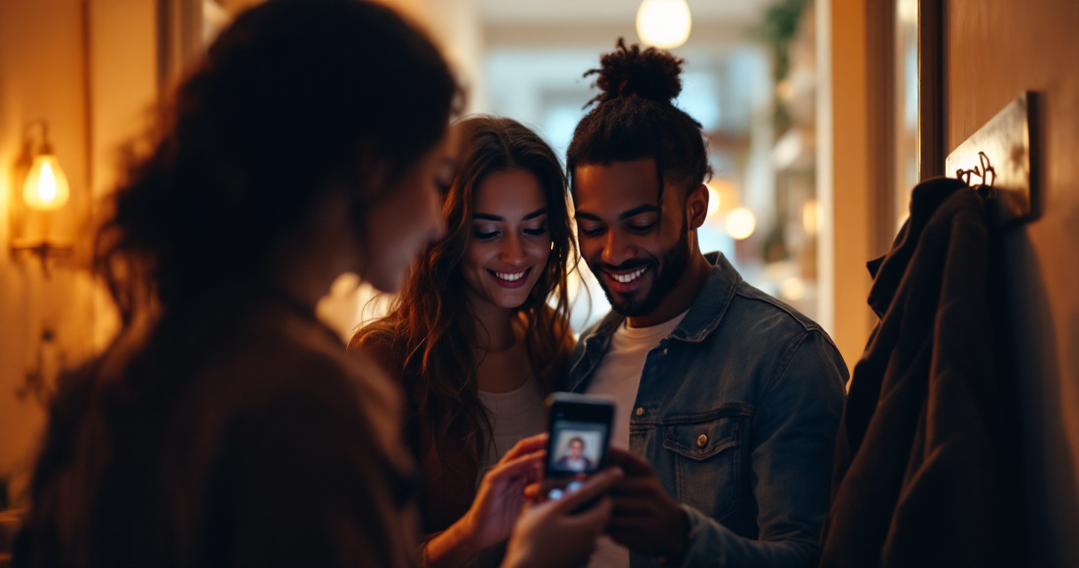 Friends reviewing a dating profile together with social proof and verification cues