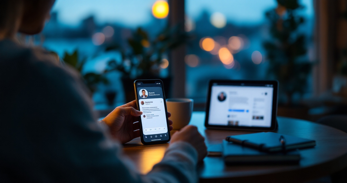Over-the-shoulder dating app verification scene with multiple trust signals on devices