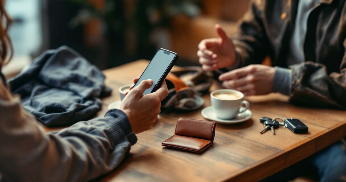 Casual pre-date verification moment in a café with phones and coffee