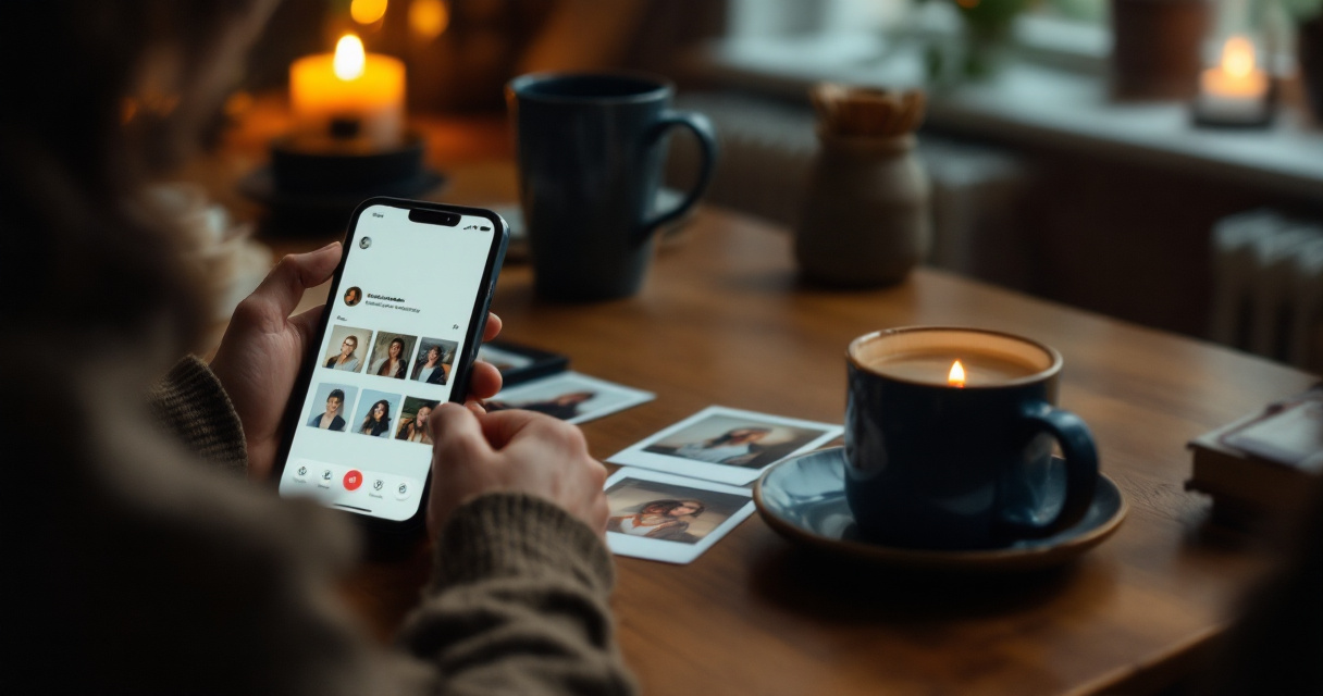 Over-the-shoulder view of intentional dating profile review with friend-backed social proof cues