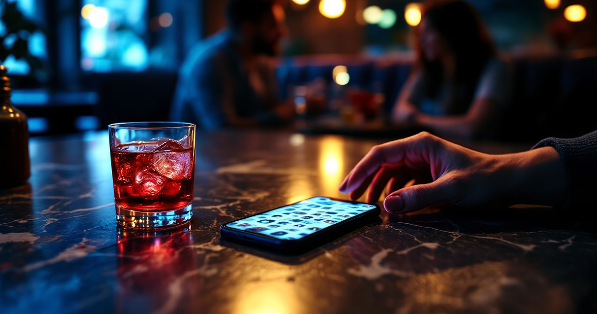 Hesitant hand over dating app in bar scene suggesting casual-first app red flags