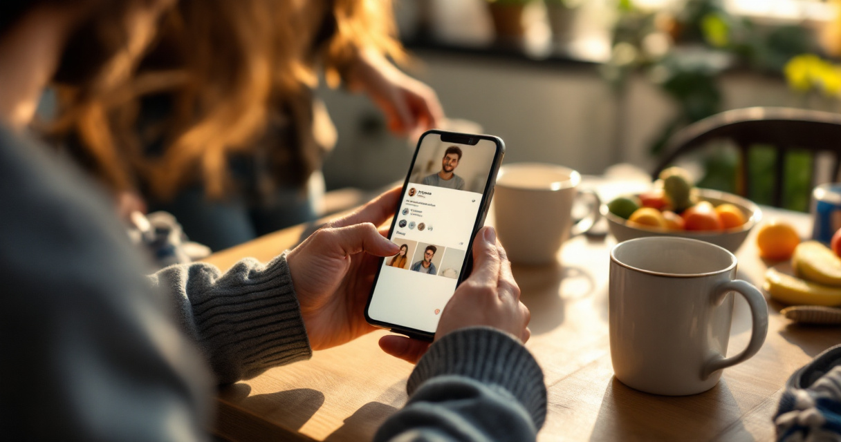 Hands reviewing an authentic dating profile with candid details and social context