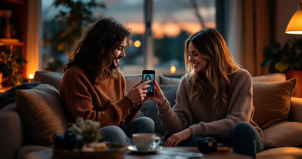Two friends collaboratively refining a friend-backed dating profile in a cozy living room
