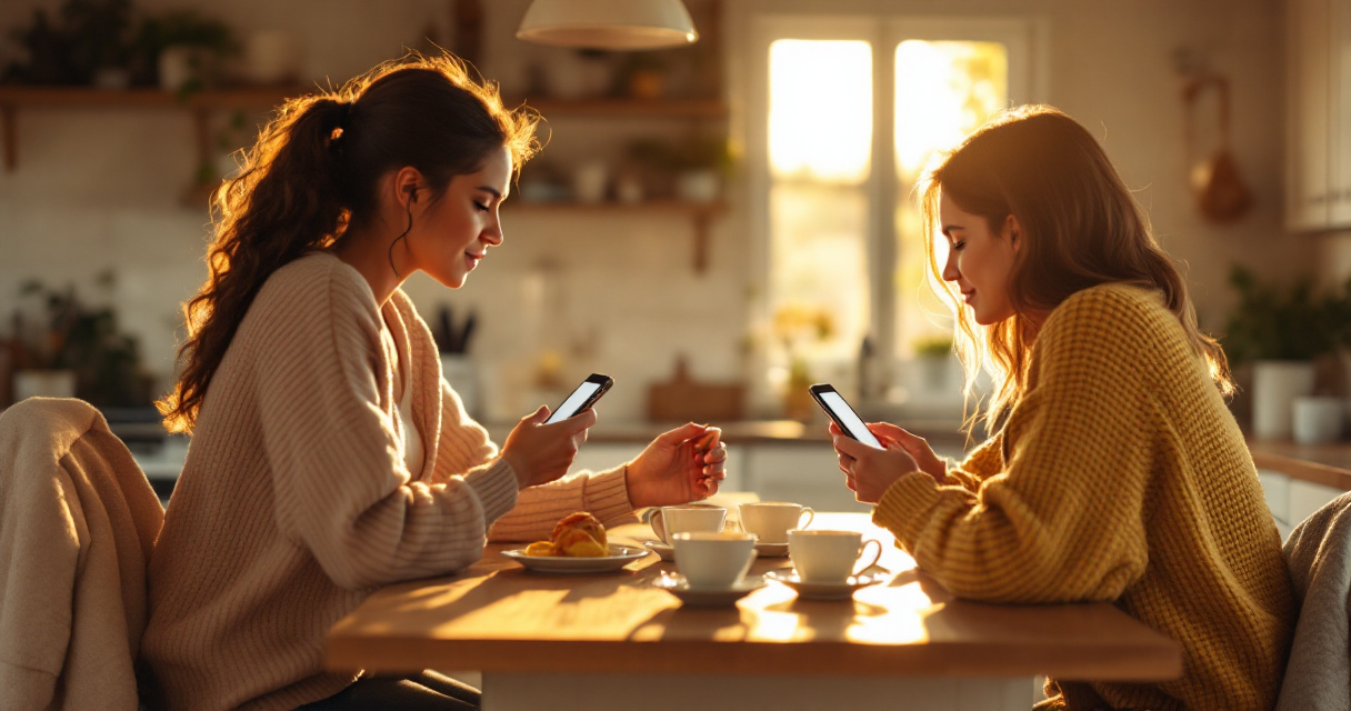 Friends reviewing a dating profile together in a warm, supportive kitchen setting