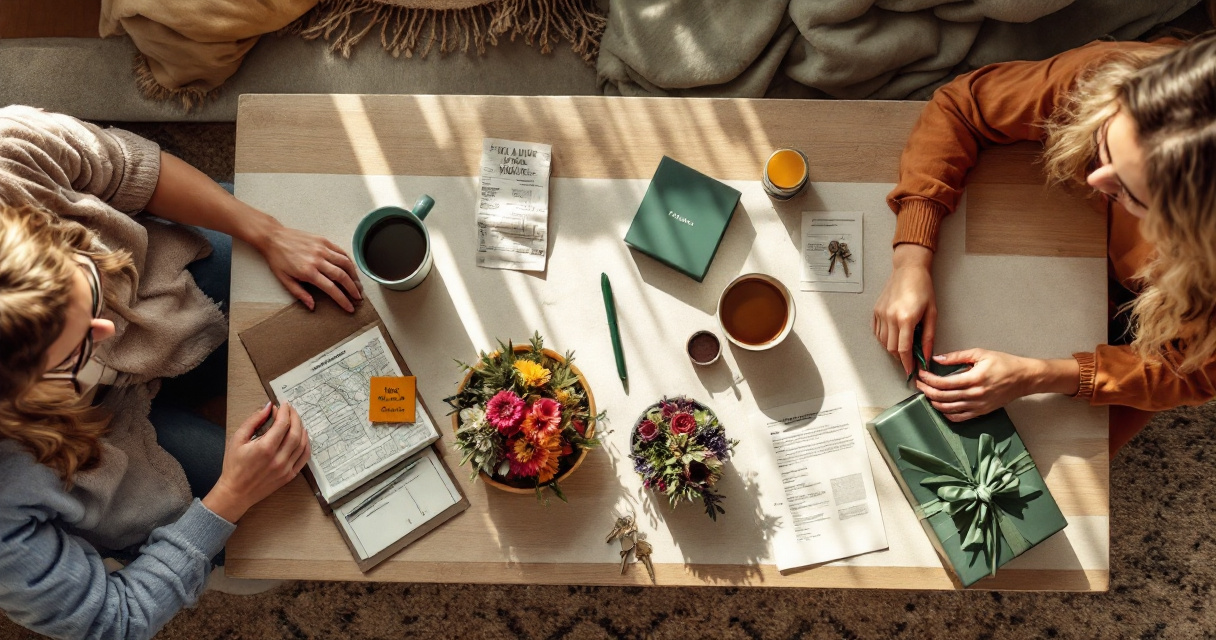 Top-down living room scene showing honest everyday details contrasted with overly polished dating endorsement gestures