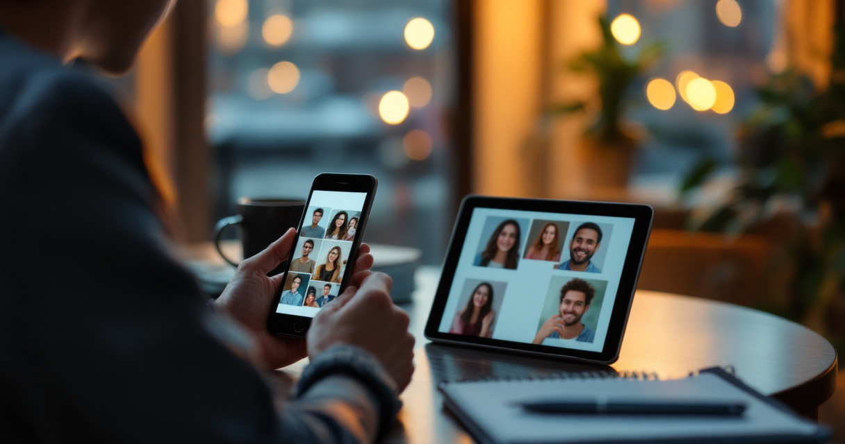 Over-the-shoulder view comparing friend-backed dating app use with a more guided matchmaking feel