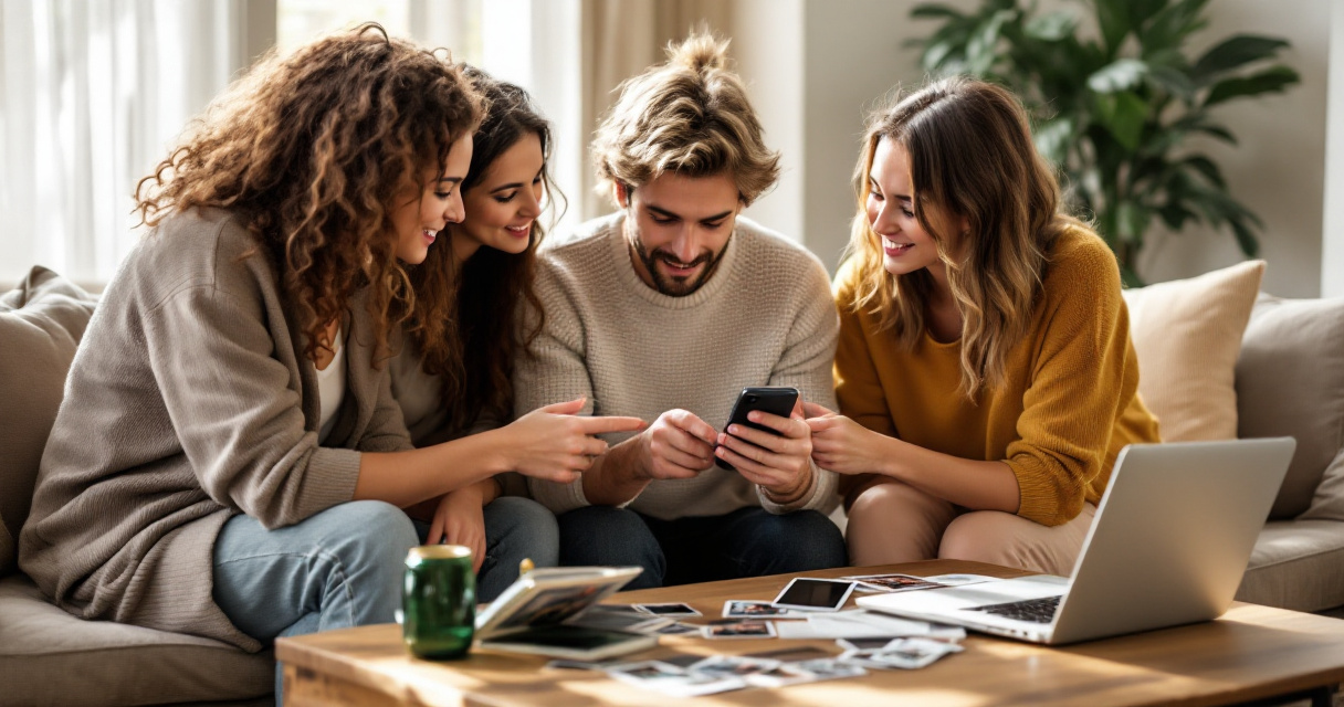 Friends reviewing a dating profile together to illustrate real-life endorsements in the app
