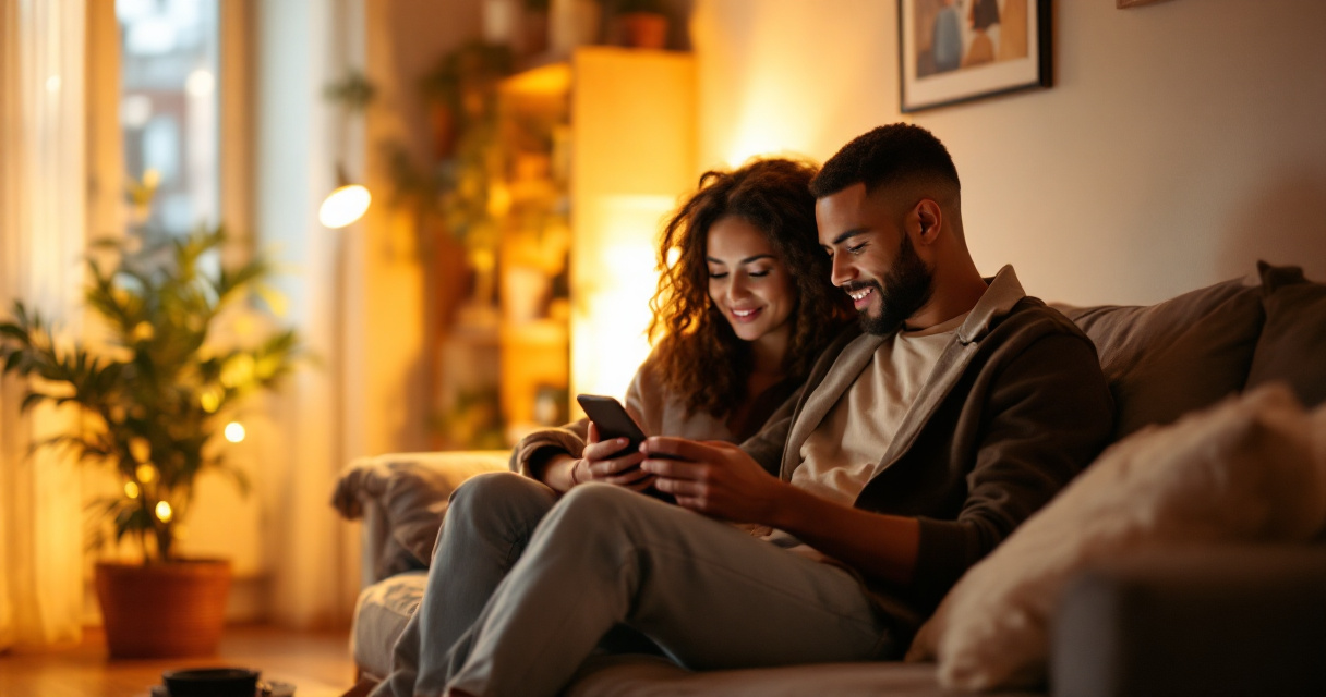 Two friends reviewing a dating profile together in a warm living room