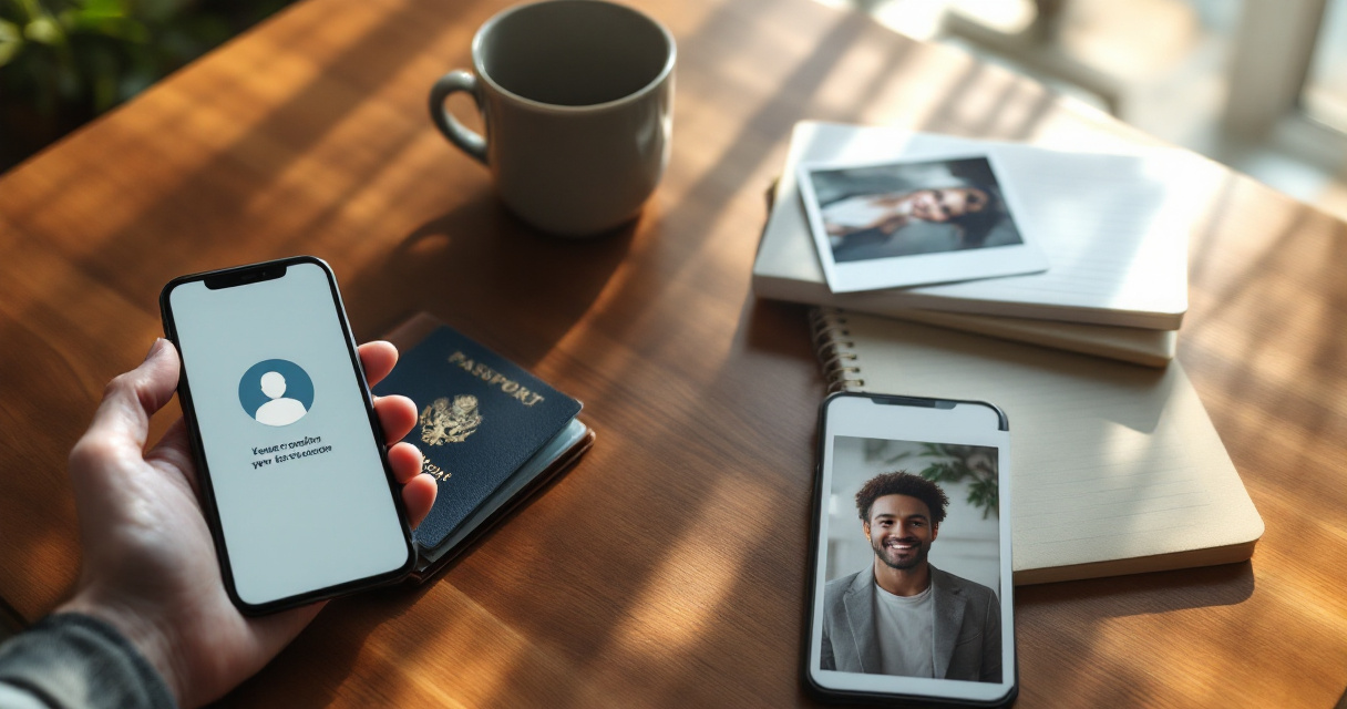 Layered dating profile verification tools including phone, ID, photos, and social proof on a desk