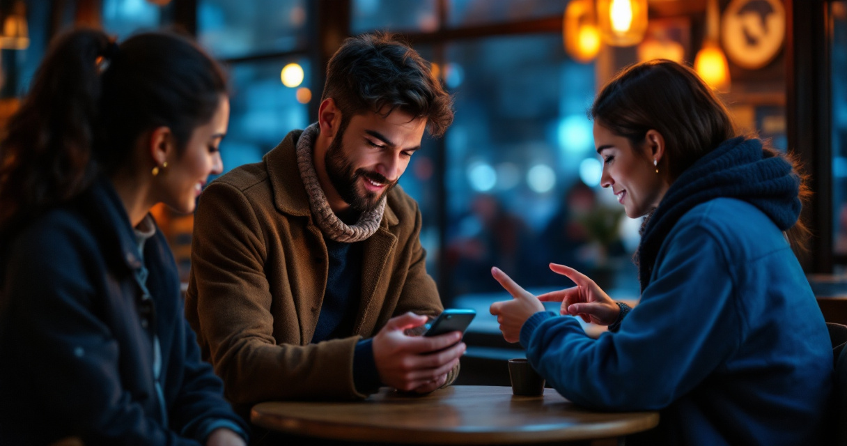 Friends reviewing and endorsing a dating profile together in a café setting