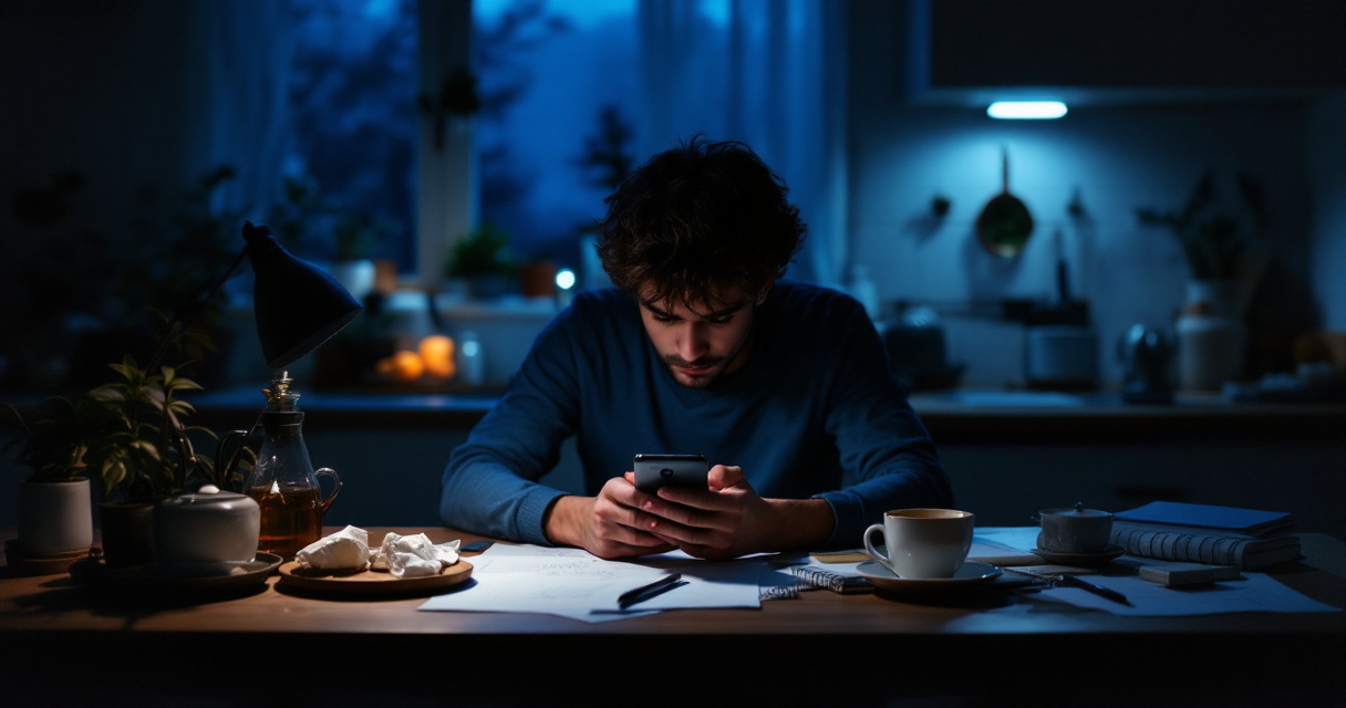 Person alone revising a dating bio at night with notes and phone