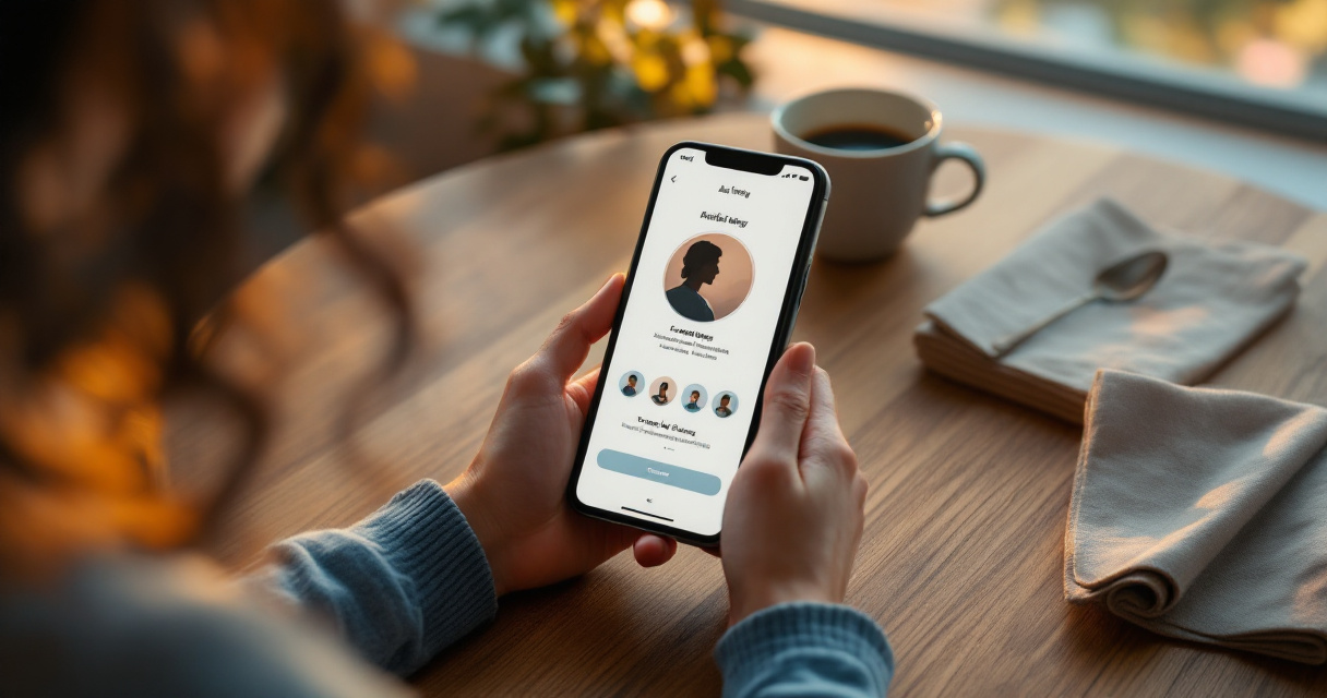 Friend-backed dating profile viewed in a café before deciding to match
