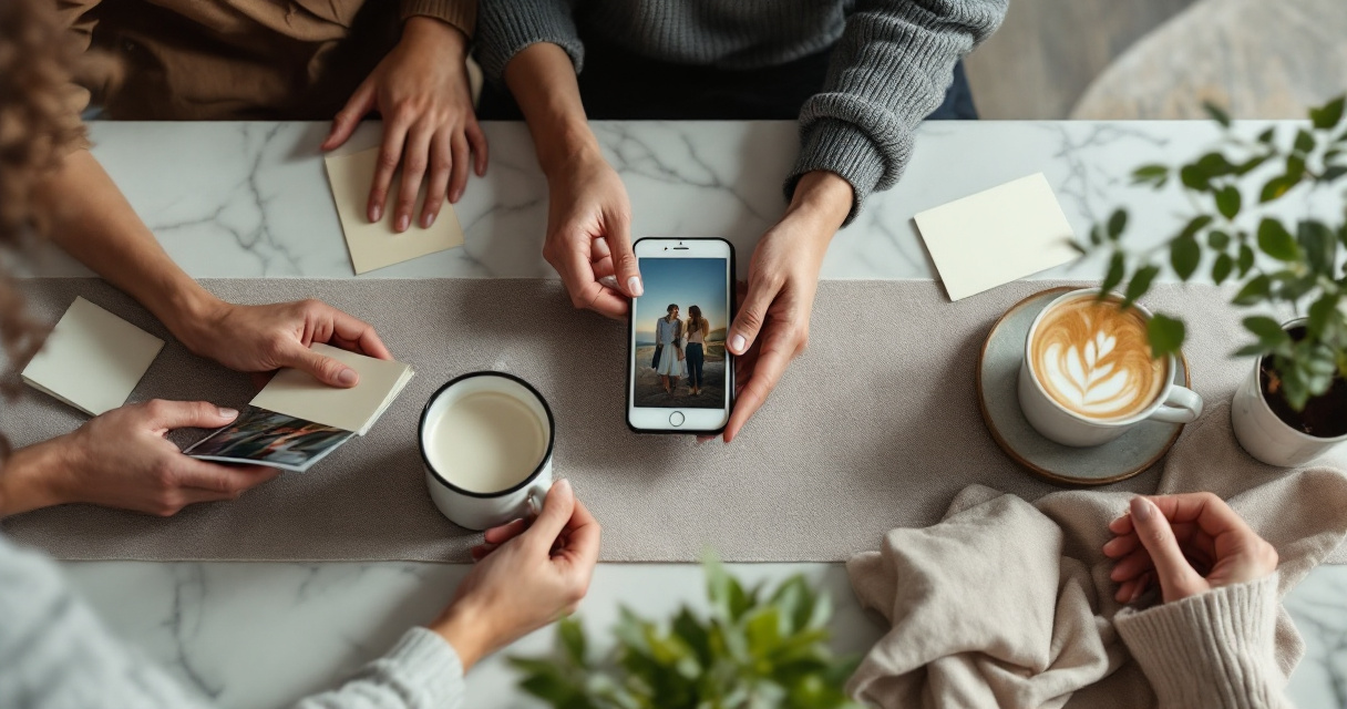 Friends thoughtfully choosing authentic profile details for a dating app