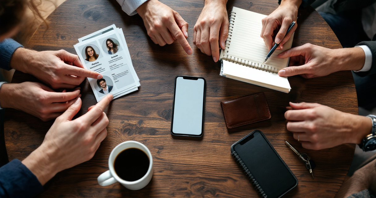 Friends comparing dating profiles and trust signals around phones at a café table
