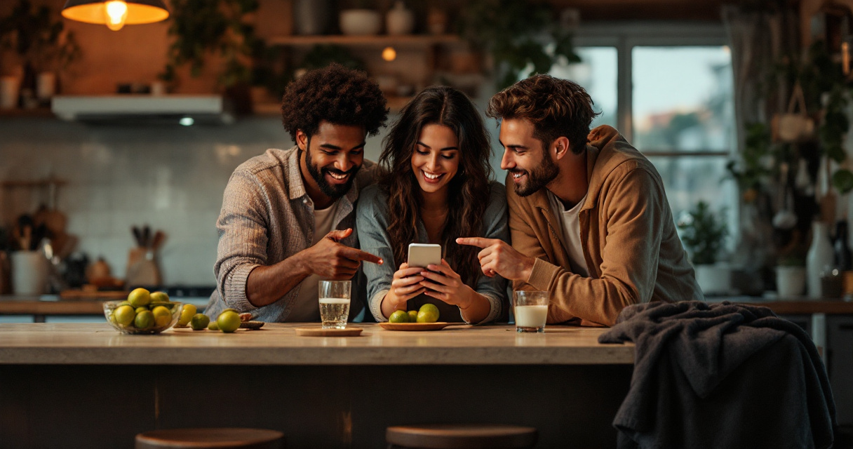 Friends informally endorsing a dating profile together in a warm kitchen