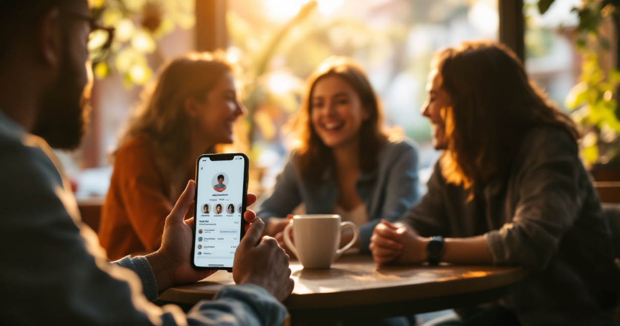 Friends casually supporting a dating profile in a warm café setting