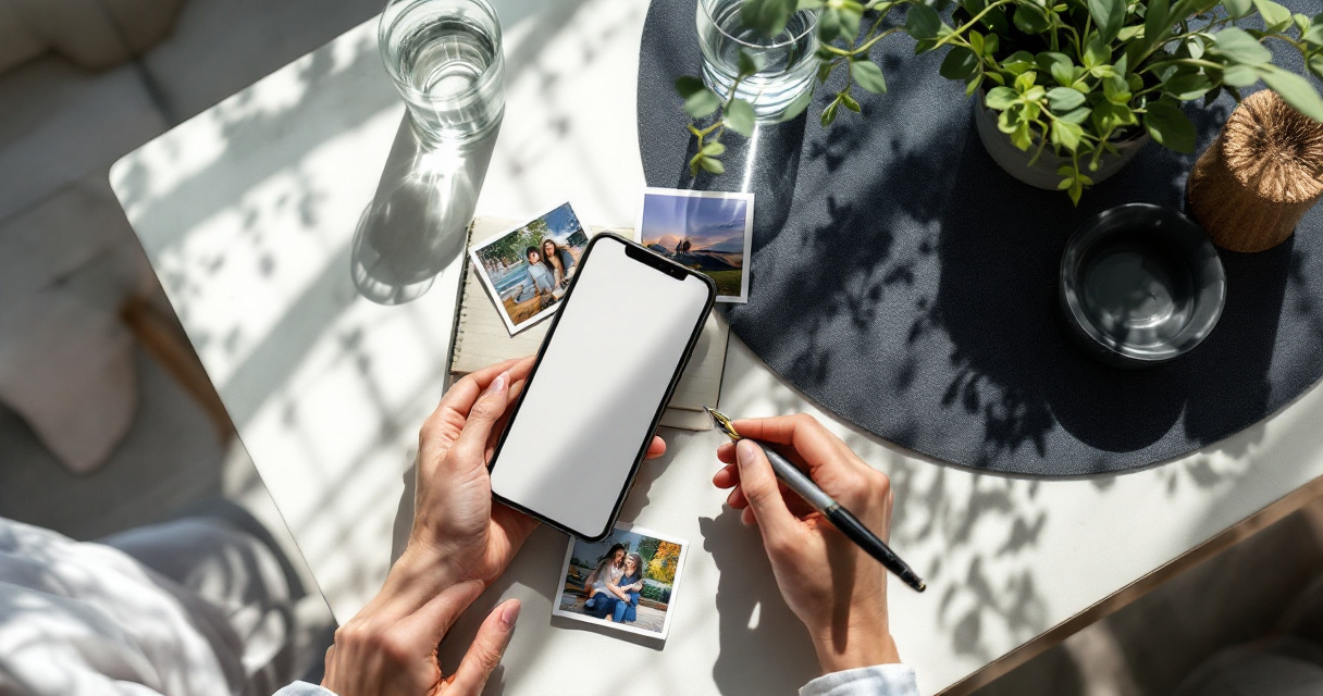 Friend preparing a thoughtful dating profile vouch with photos and phone