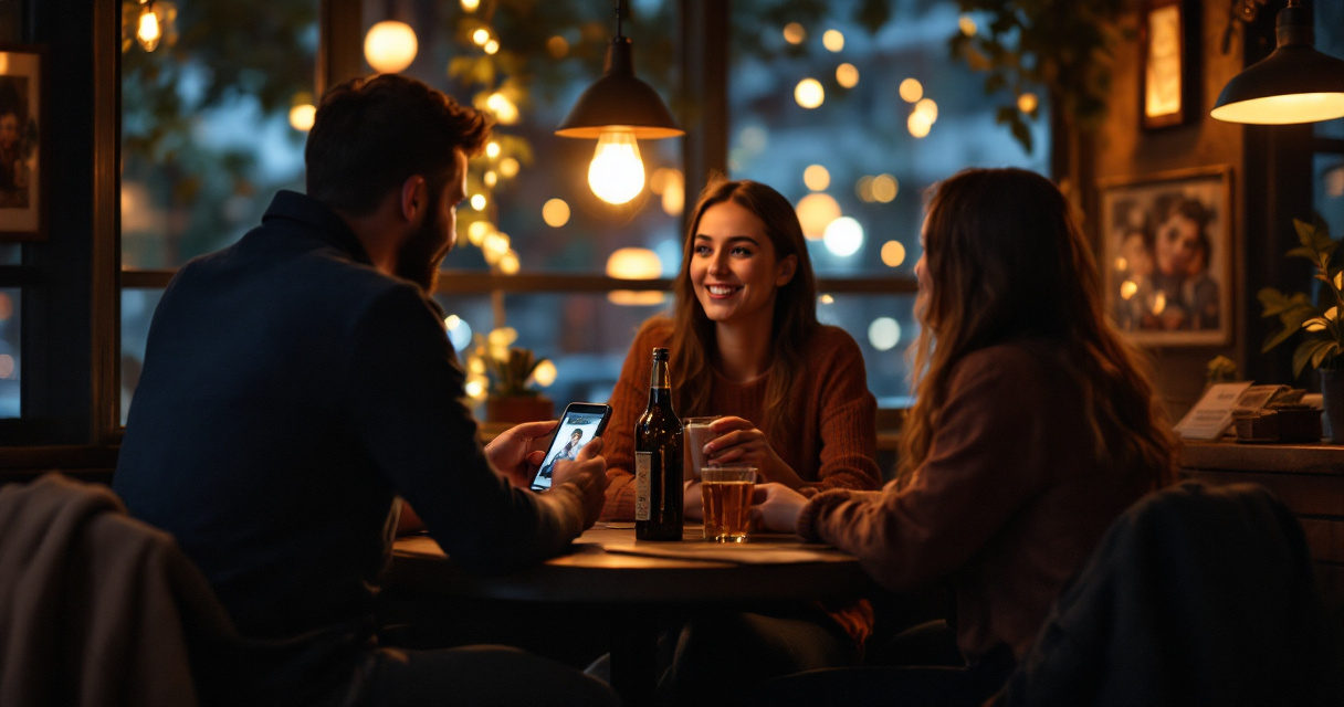 Friends reviewing a dating profile together in a bar with supportive body language