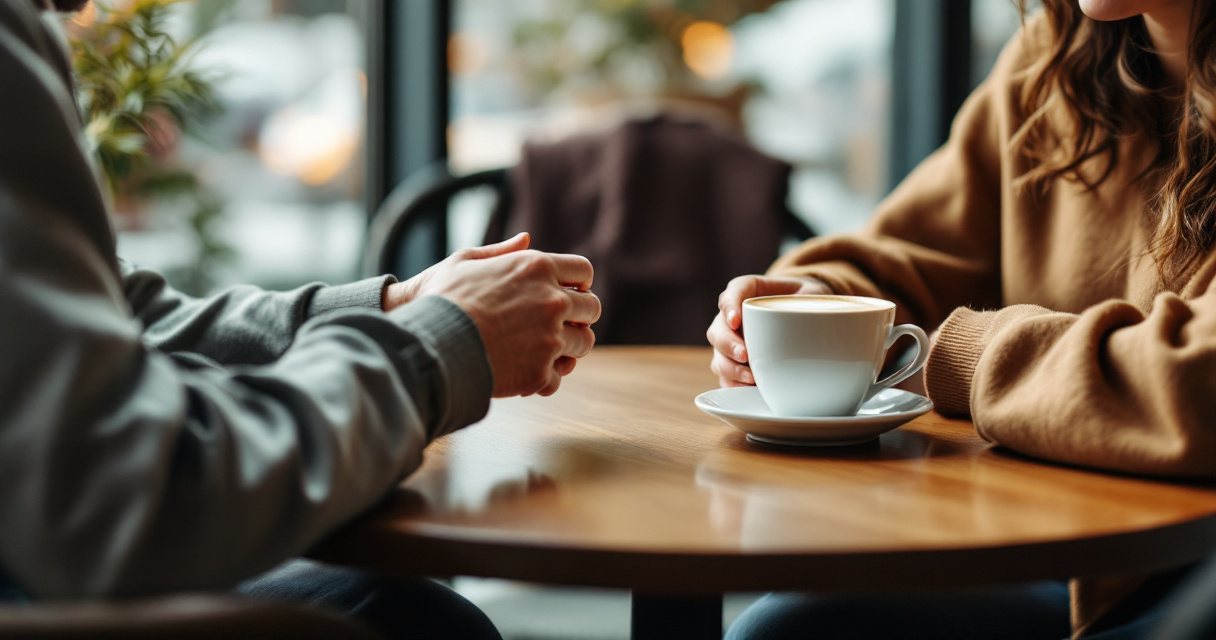 Over-the-shoulder café date showing attentive listening and follow-up questions
