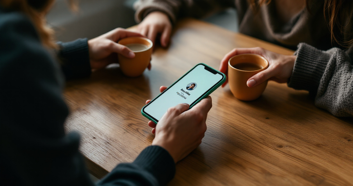 Friends reviewing a dating profile together in a cozy café setting